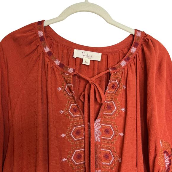 Nurture by Westbound Womens Tunic Top 2X Burnt Orange Embroidered Boho Peasant - Picture 2 of 8